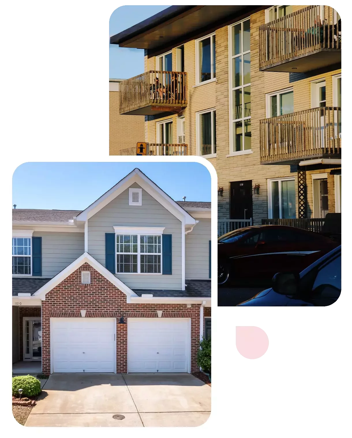 Older low-rise condominium walk-up next to a townhouse complex with garages