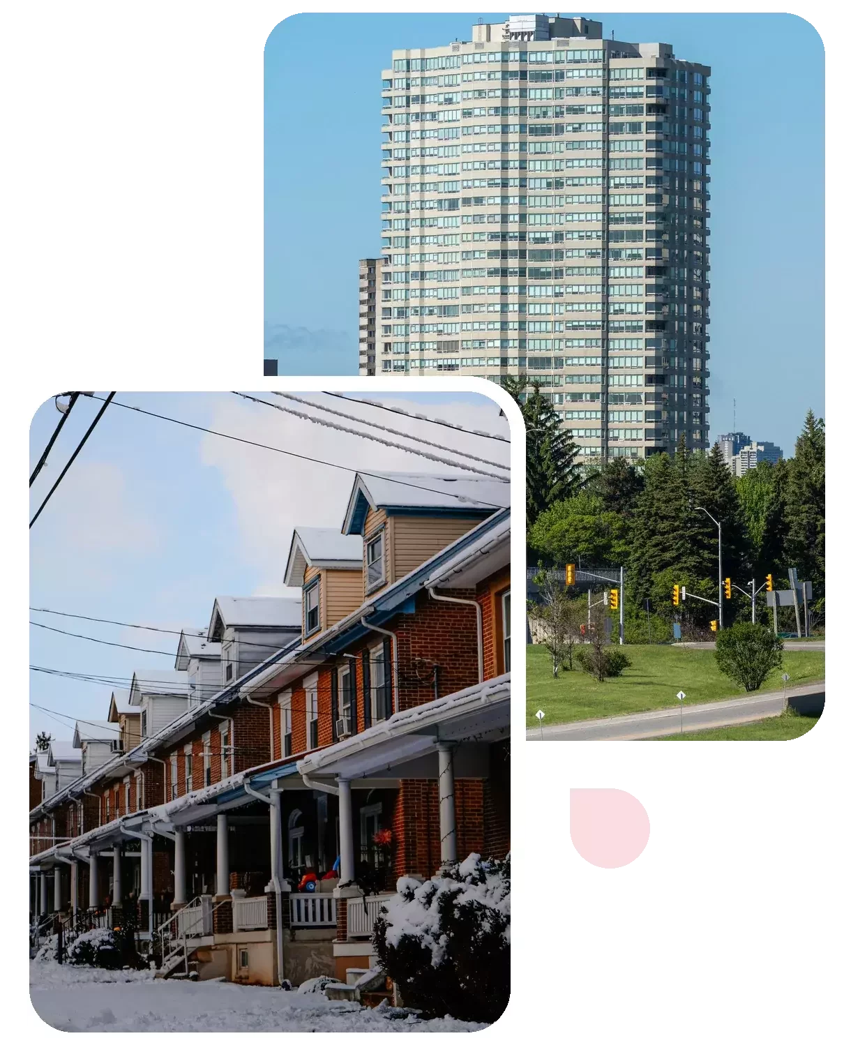 Older condominium tower and a row of brick townhouses in winter